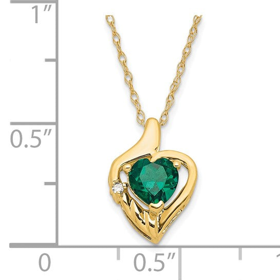 10ky Polished Created Emerald and Diamond Heart Necklace