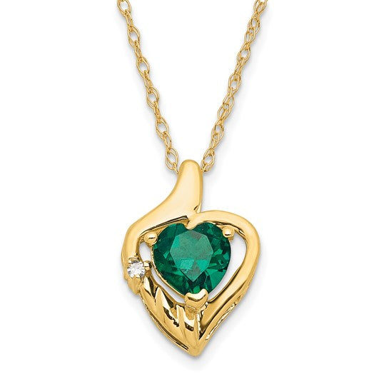 10ky Polished Created Emerald and Diamond Heart Necklace