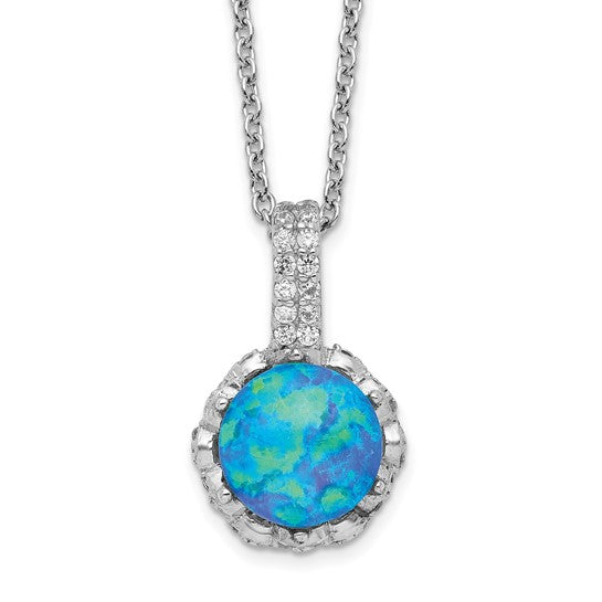 Cheryl M Sterling Silver Rhodium-plated Cabochon Lab Created Blue Opal and Brilliant-cut CZ 18.25 Inch Necklace