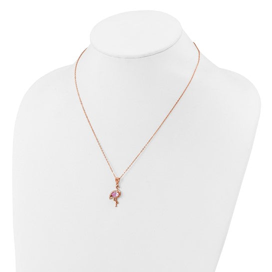 Cheryl M Sterling Silver Rose-tone Polished Lab Created Ruby Black Spinel and CZ Flamingo Necklace