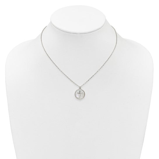 Sterling Silver Polished Mother Of Pearl Circle with Cross 16 inch Necklace