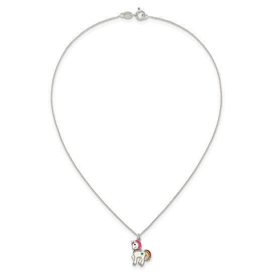 Sterling Silver Polished White and Rainbow Enameled Unicorn Childrens 14 inch Necklace
