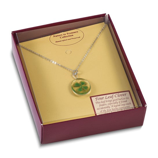 Silver Trim Real Four Leaf Clover in Oval 20 inch Silver-plated Chain Necklace