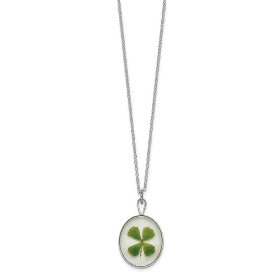 Silver Trim Real Four Leaf Clover in Oval 20 inch Silver-plated Chain Necklace