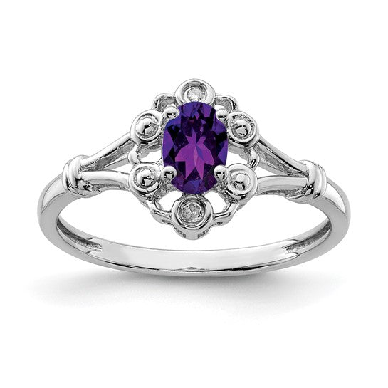 Sterling Silver Rhodium-plated Gemstone & Diamond Ring