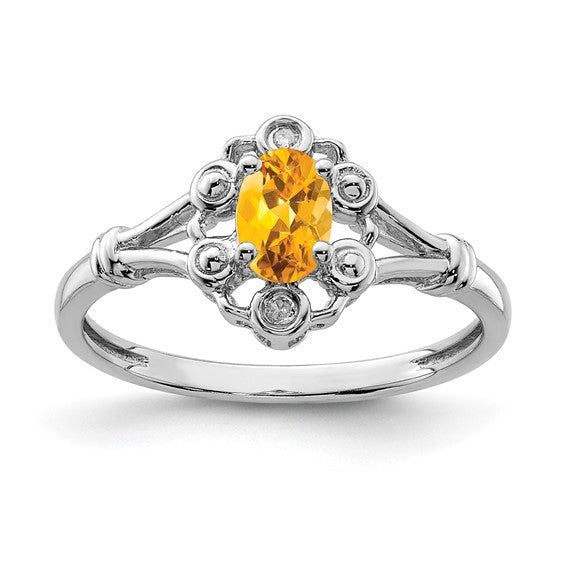 Sterling Silver Rhodium-plated Gemstone & Diamond Ring