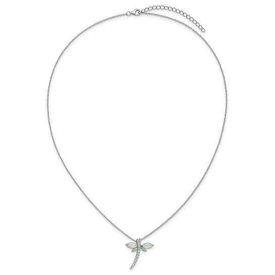 Cheryl M Sterling Silver Rhodium-plated Polished Lab Created Opal and CZ Dragonfly with 2 Inch Extension Necklace