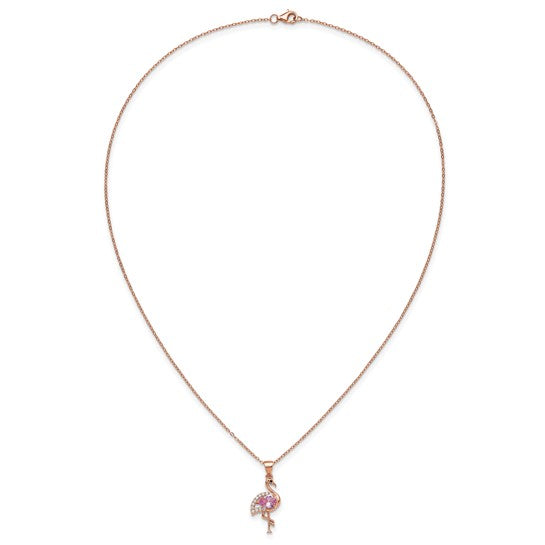 Cheryl M Sterling Silver Rose-tone Polished Lab Created Ruby Black Spinel and CZ Flamingo Necklace