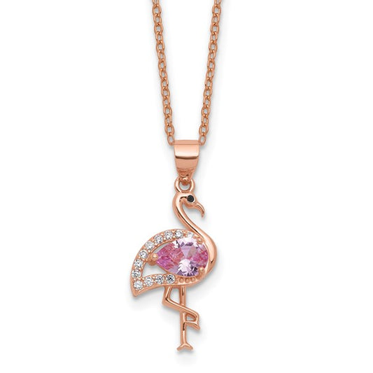 Cheryl M Sterling Silver Rose-tone Polished Lab Created Ruby Black Spinel and CZ Flamingo Necklace