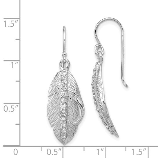 Sterling Silver RH-plated CZ Textured Feather Shepherd Hook Earrings