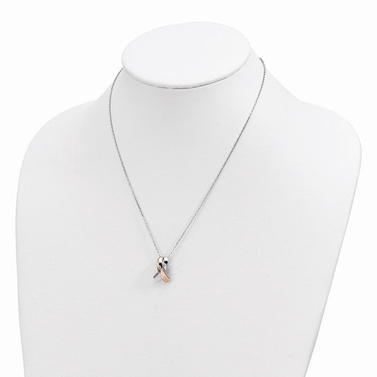 Sterling Silver Rose-tone Polished Awareness Ribbon with 2in ext. Necklace