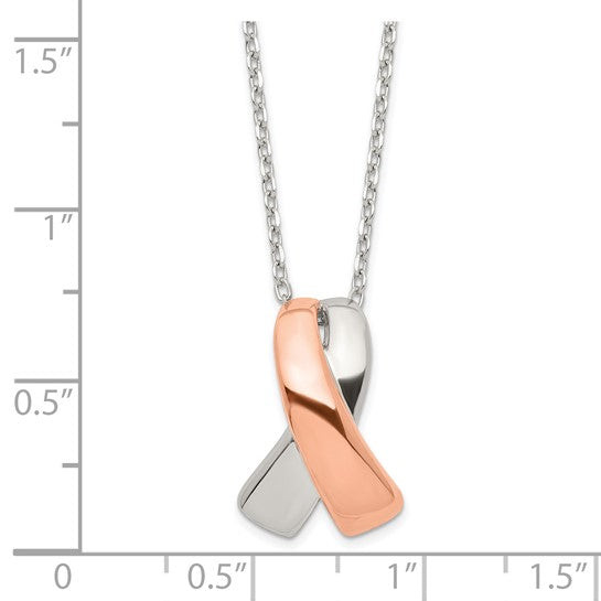 Sterling Silver Rose-tone Polished Awareness Ribbon with 2in ext. Necklace