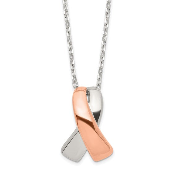 Sterling Silver Rose-tone Polished Awareness Ribbon with 2in ext. Necklace
