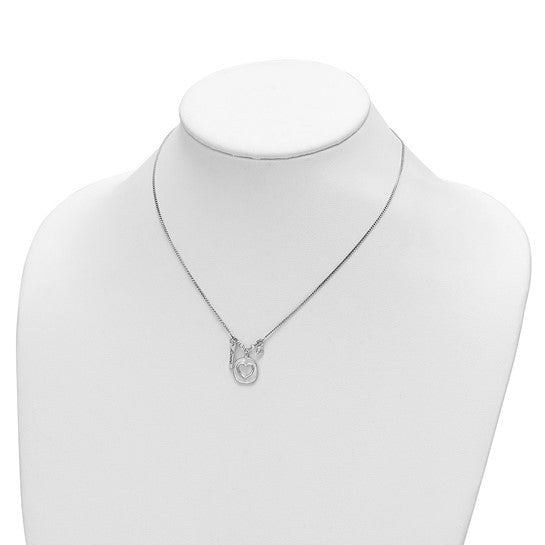 Sterling Silver Rhodium-plated Satin Heart/Love/CZ with 1.5in Ext Necklace