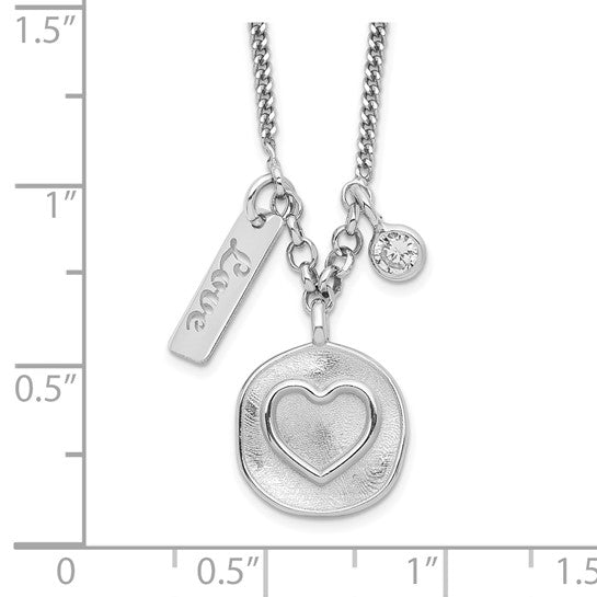 Sterling Silver Rhodium-plated Satin Heart/Love/CZ with 1.5in Ext Necklace