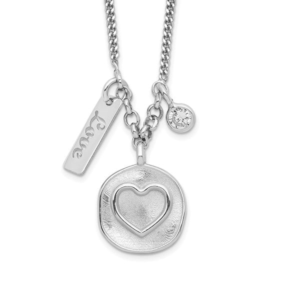 Sterling Silver Rhodium-plated Satin Heart/Love/CZ with 1.5in Ext Necklace