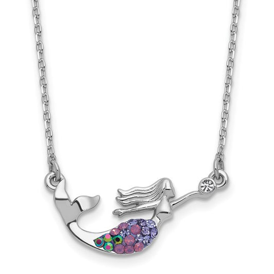 Sterling Silver Rh-plated Crystal Mermaid 17.25 with 2in Necklace