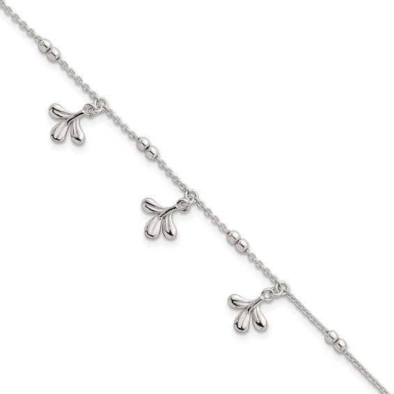 Sterling Silver Polished and Beaded with Three Leaf Dangles 7 inch with 1 inch Extension Bracelet