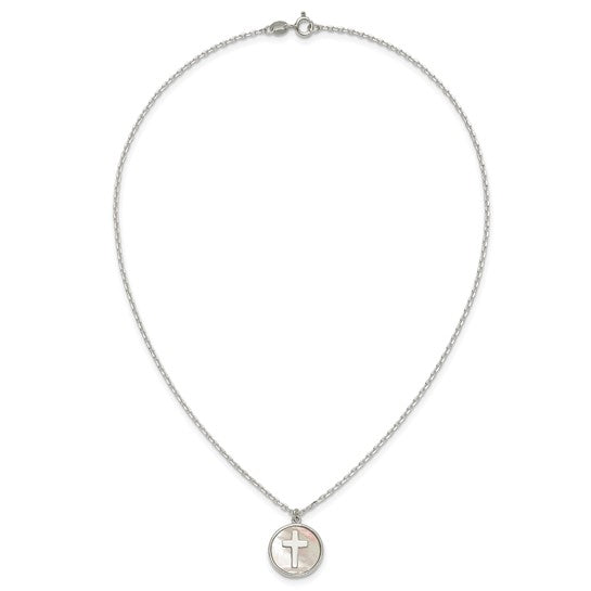 Sterling Silver Polished Mother Of Pearl Circle with Cross 16 inch Necklace