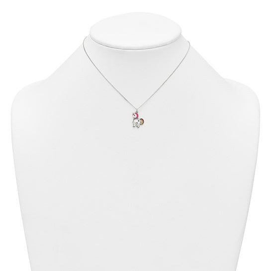 Sterling Silver Polished White and Rainbow Enameled Unicorn Childrens 14 inch Necklace