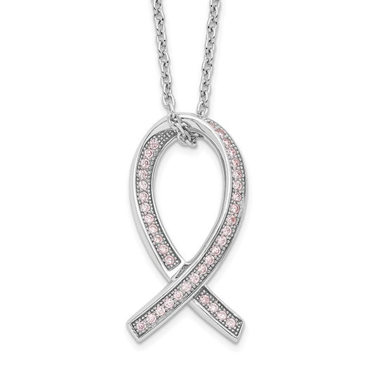 Brilliant Embers Sterling Silver Rhodium-plated 38 Stone 18 inch Micro Pavé Pink CZ Awareness Ribbon Necklace with 2 Inch Extender