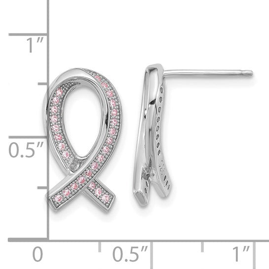 Brilliant Embers Sterling Silver Rhodium-plated 52 Stone Micro Pavé Pink CZ Awareness Ribbon Post Earrings