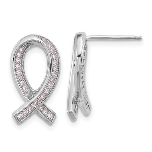 Brilliant Embers Sterling Silver Rhodium-plated 52 Stone Micro Pavé Pink CZ Awareness Ribbon Post Earrings