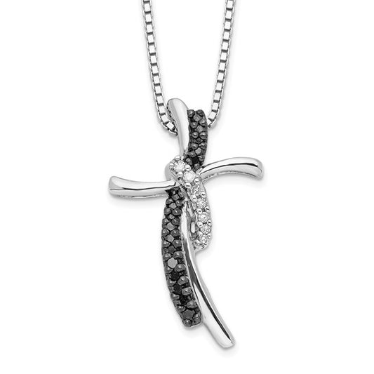 White Night Sterling Silver Rhodium-plated Black and White Diamond Cross 18 Inch Necklace with 2 Inch Extender