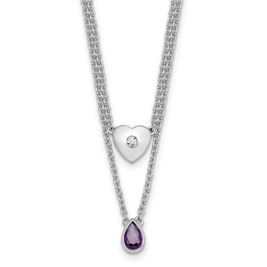 White Ice Sterling Silver Rhodium-plated 18 inch Diamond Heart and Amethyst Teardrop Necklace plus 2 inch Extender